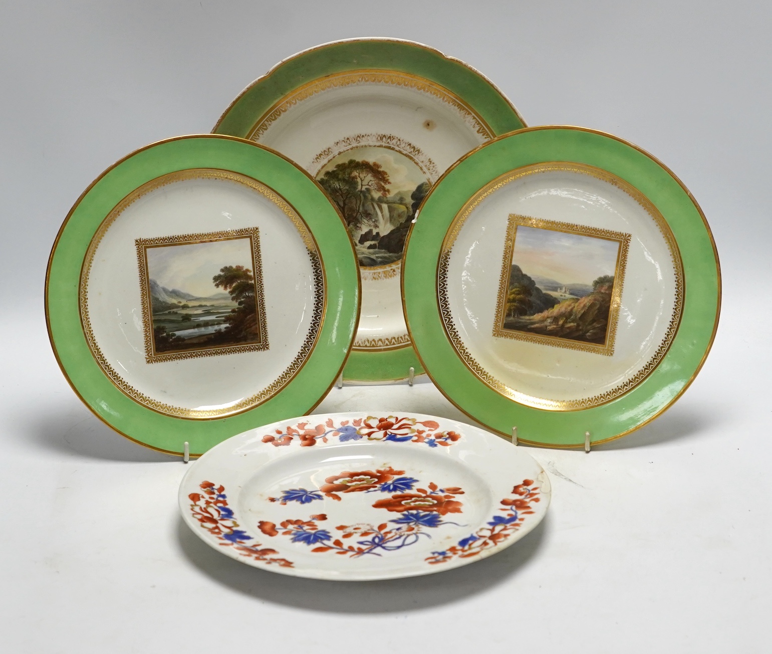 Three Derby landscape plates, attributed to George Robertson, c.1795, two decorated with Scottish scenes, the other Italian scene and a Chamberlains Imari pattern plate, 25cm (4)